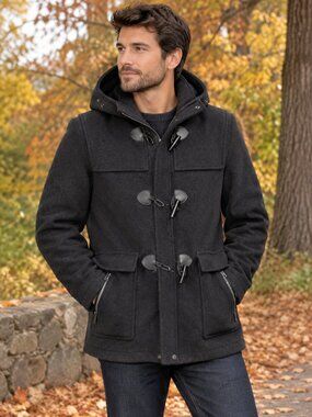 Tommy Hilfiger Black Wool Blend Hooded Coat Men's Large Oldmoney Classiccore